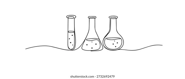 Hand drawn continuous line illustration of laboratory test tubes for science. Single line artwork representing chemistry research, scientific experiments, education, and laboratory study.