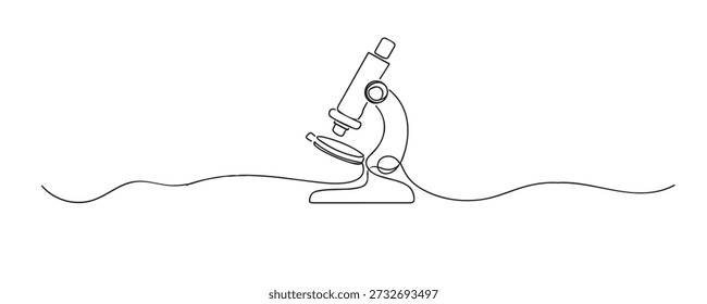 Ilustración de línea continua dibujada a mano de un microscopio de laboratorio. Obra de arte de una sola línea que representa la investigación científica, el estudio de la biología, la educación y el análisis de laboratorio.