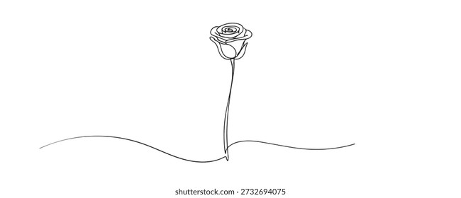 Dibujado a mano ilustración de línea continua de una sola flor de rosa. Obra de arte de una sola línea que representa el amor, el romance, la belleza, la elegancia y el simbolismo floral natural.