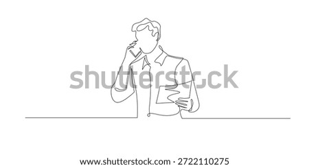 Hand drawn continuous line illustration of a businessman focused on a phone call while reading documents. Minimalist single line style representing communication, analysis, and professional work life.