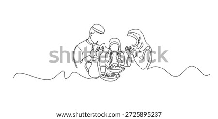 Hand drawn continuous line illustration of a Muslim family breaking fast together at iftar. Single line artwork created for Ramadan, faith, togetherness, and family moment concepts.