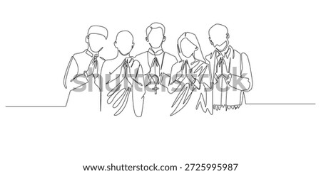 Hand drawn continuous line illustration of people from different religions standing together in unity. Single line artwork created for interfaith solidarity, peace, tolerance, and harmony concepts