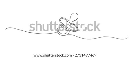 Hand drawn continuous line illustration of a baby pacifier. Single line artwork representing infant care, comfort, soothing, and newborn essentials.