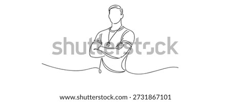 Hand drawn continuous line illustration of a fitness trainer standing with folded arms. Single line artwork representing confidence, strength, coaching, and healthy lifestyle concepts.