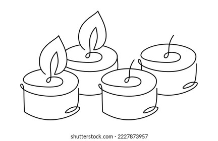 Hand drawn continuous one line four candles vector icon. Christmas advent two burning cundles. Outline illustration for greeting card, web design isolated holiday invitation on white background.