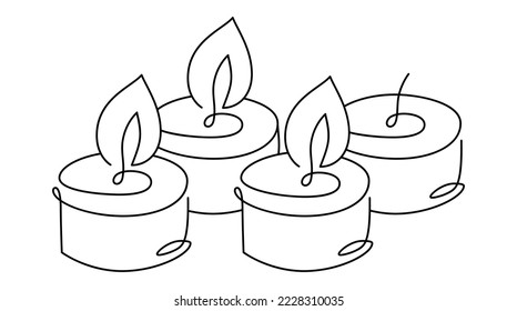 Hand drawn continuous one line four candles vector icon. Christmas advent three burning cundles. Outline illustration for greeting card, web design isolated holiday invitation on white background.