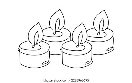 Hand drawn continuous one line four candles vector icon. Christmas advent four burning cundles. Outline illustration for greeting card, web design isolated holiday invitation on white background.