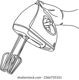 handgezeichnet, durchgehender, einzeiliger Cartoon-Doodle-Skizze-Clip Art von Handschleifer Elektrische Hand Mixer und Geschirr, Küchengerät einzeln auf weißem Hintergrund