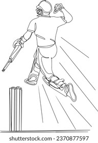 hand drawn continuous one line cartoon doodle sketch drawing clip art of cricket batsman jumping in air with joy to do celebration of victory in world cup