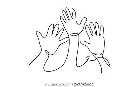 Hand drawn continuous one line of hands up. poster art print. human rights sign in one line style