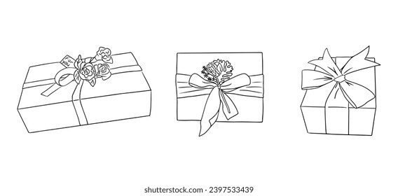 Hand drawn contour doodle set with gift boxes. Traditional design of gift boxes concept. Perfect for tattoo, sticker, decoration, printout. Outline black and white drawing