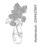 Hand drawn contour drawing of a blooming lilac branch in a vase. Lilac in a vase. Sketch of blossoming lilac branch.