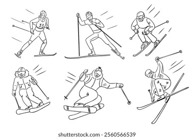 Hand drawn contour drawings set of skiing illustrations with skiers in action with dynamic poses, highlighting winter sports and movement. Vector winter sport outline drawing on white background