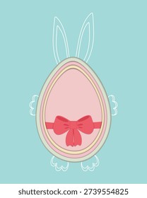 Hand drawn contour Easter Bunny hold Easter egg with ribbon bow decor. Paper cut and outline template. Vector illustration Easter Greeting Thematic or Promotional Social media post template Copy space