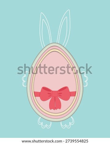 Hand drawn contour Easter Bunny hold Easter egg with ribbon bow decor. Paper cut and outline template. Vector illustration Easter Greeting Thematic or Promotional Social media post template Copy space