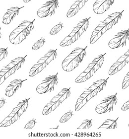 hand drawn contour feathers in seamless pattern; sketch style background; boho chic, hippie, hipster ornament