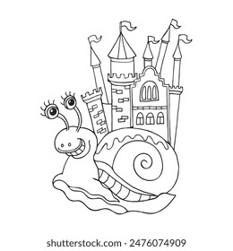 Hand drawn contour funny snail with castle house. Magic illustration for coloring, sketch, vector