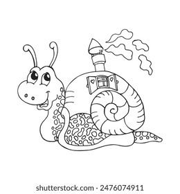 Hand drawn contour funny snail with castle house. Magic illustration for coloring, sketch, vector