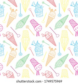 Hand drawn contour ice cream seamless pattern. Vector illustration.