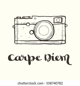 Hand drawn contour illustration of the photo camera with a hand lettering inscription 'Carpe Diem'