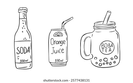 Hand drawn contour illustration of three refreshing drinks a soda bottle, a can of orange juice with a straw, and a jar filled with boba tea. Vector line art composition isolated on white background