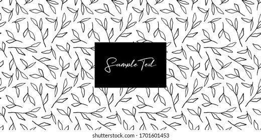 Hand drawn contour leaves and black rectangle frame with space for text seamless pattern on white background. Label template for packaging, cover, design. Vector illustration.