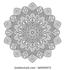 Hand drawn contour mandala. Perfect for oriental decoration, coloring books for adults, anti-stress therapy, yoga logo. Indian, Islam, Arabic motifs. Vector hand drawn illustration.