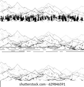 hand drawn contour mountain landscape with forest and lake