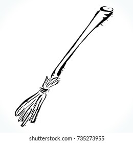 Hand drawn contour picture of broom silhouette isolated on white background. Template for Halloween design. Vector illustration. 