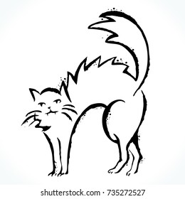 Hand drawn contour picture of cat silhouette isolated on white background. Template for Halloween design. Vector illustration. 