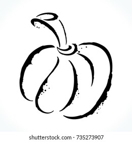 Hand drawn contour picture of pumpkin silhouette isolated on white background. Template for Halloween design. Vector illustration. 