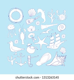 Hand drawn contour sea theme set, ocean, gull, shell, corals, doodles collection