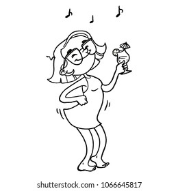 Hand drawn contour silhouette of dancing cartoon girl with glasses, dress and cocktail.Vector coloring book page.