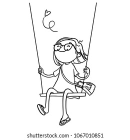 Hand drawn contour silhouette of girl playing on a swing. Vector coloring book page.