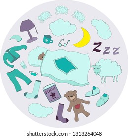 Hand drawn contour sleeping theme set, pajamas, book, water, pillows, socks, bear toy doodles collection