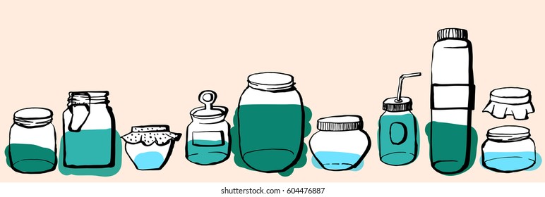 Hand drawn contour style jars set. Vector clip art illustration.