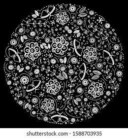 Hand drawn contour vector round shape seamless pattern.  Flowers, leaves, abstract elements, cartoon textures. Illustration of patterns. Application in printing, textile, background, design, printing.