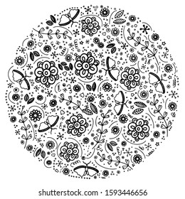 Hand drawn contour vector round shape seamless pattern.  Flowers, leaves, abstract elements, cartoon textures. Illustration of patterns. Application in printing, textile, background, design, printing.