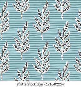 Hand drawn contoured leaf branches ornament seamless pattern. Blue striped background. Simple style. Decorative backdrop for fabric design, textile print, wrapping, cover. Vector illustration.
