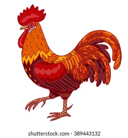 Hand drawn contoured red rooster isolated on white. Fire rooster is Chinese calendar symbol.