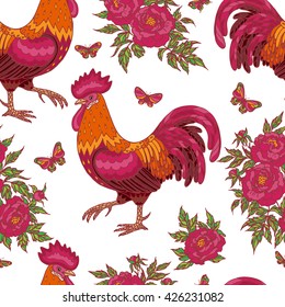 Hand drawn contoured red rooster, flying butterflies and pink peony flowers on white background. Fire rooster is Chinese calendar symbol. Seamless pattern.