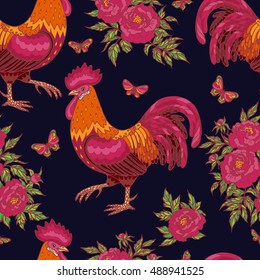 Hand drawn contoured red rooster, flying butterflies and pink peony flowers on dark blue background. Fire rooster is Chinese calendar symbol. Seamless pattern.