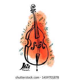 Hand drawn contrabass. Jazz music concept. Ink style vector illustration with red watercolor stain on white background