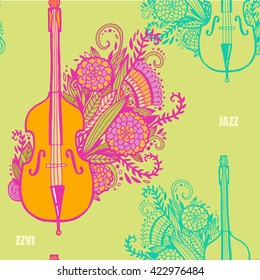 Hand drawn contrabass. Stylish contrabass with doodle flowers. For the poster and design. Hippie, jazz, jazz day, stylish poster.