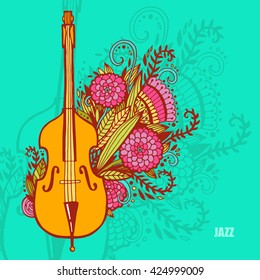 Hand drawn contrabass. Stylish contrabass with doodle flowers. For the poster and design. Hippie, jazz, jazz day, stylish poster.