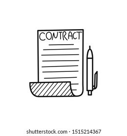 Hand drawn contract and pen isolated on a white. Sketch contract. Vector illustration.