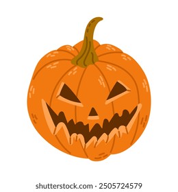 Hand drawn contrast scary pumpkin in flat style. Spooky design for Halloween isolated on white background. Cute jack o lantern