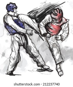 An hand drawn converted vector (in calligraphic and grunge) style from series Martial Arts: TAEKWON-DO (is a Korean martial art. It combines combat and self-defense techniques with sport and exercise)