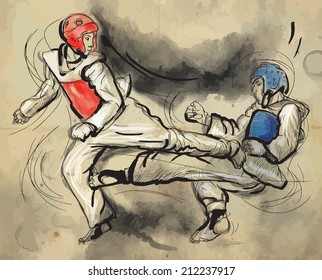 An hand drawn converted vector (in calligraphic and grunge) style from series Martial Arts: TAEKWON-DO (is a Korean martial art. It combines combat and self-defense techniques with sport and exercise)