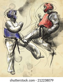 An hand drawn converted vector (in calligraphic and grunge) style from series Martial Arts: TAEKWON-DO (is a Korean martial art. It combines combat and self-defense techniques with sport and exercise)